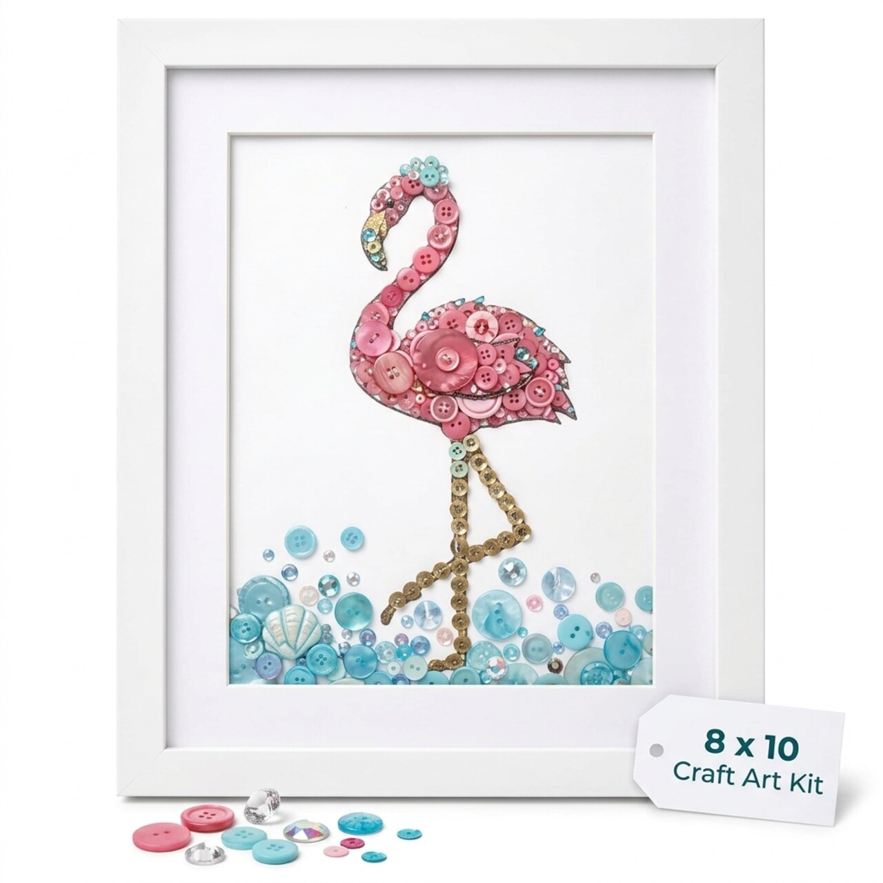 Flamingo Embellishment Bundle – Pink Buttons, Turquoise Accents, Crystals, Gems & Sequins – DIY Craft Kit for 8x10 Canvas Art